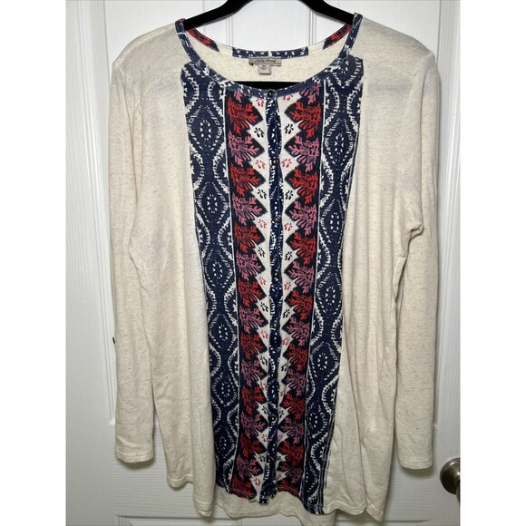 Lucky Brand Knit Button Up Long Sleeve Shirt Women's 1X Boho Print Roll Tab - Picture 1 of 12